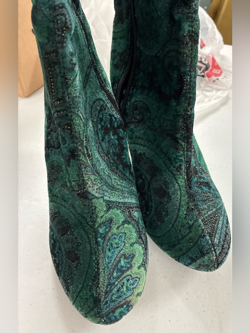 Women's Green Paisley Velvet Boots